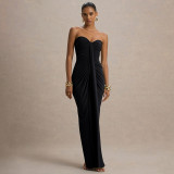 Women Fall Strapless Solid Pleated Ribbon Dress