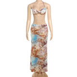Women's Spring Halter Neck Tie Beaded Chain Slim Low Back Sexy Dress