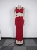 Casual Strap Crop Top High-Waist Hollow Long Skirt Two-Piece Set