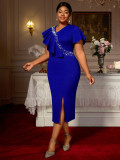 Plus-size Women blue v-neck ruffled rhinestone slit elegant bodycon dress