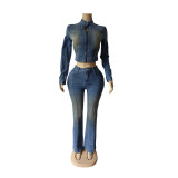 Denim Stretch Long Sleeve Jacket Flared Pants Set