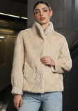 Autumn Winter Ribbed High Neck Long Sleeve Warm Women's Fur Coat Fashion Outerwear
