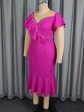 Plus Size Women's Flounce Mesh Patchwork Dress Rhinestone Chic Elegant Midi Dresses