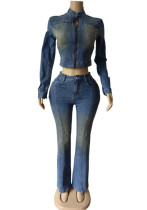 Denim Stretch Long Sleeve Jacket Flared Pants Set Denim Stretch Long Sleeve Jacket Flared Pants Set