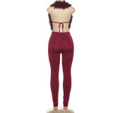 Women Fall Sexy Halter Neck Lace-Up Backless V-Neck Top and Pant Two-Piece Set