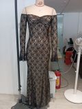 Women French Off-Shoulder Lace Long-Sleeve Maxi Dresses