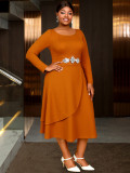 Plus Size Solid Color Long Sleeve Elegant Dress with Rhinestone Irregular Midi Dress