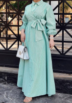 Women's Striped Long Sleeve Turndown Collar Elegant Casual Belted Long Dress
