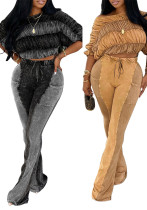 Women's Contrast Color Slim Stretch Top and Washed Long Pants Two-Piece Set Women's Contrast Color Slim Stretch Top and Washed Long Pants Two-Piece Set