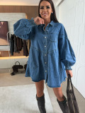 Women Casual Shirt Button-Down Long-Sleeved Denim Dress