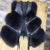 Autumn Winter Fox Fur Vest Turndown Collar Zipper Short Patchwork Faux Fur Fashion Sleeveless Coat