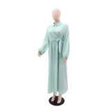 Women's Striped Long Sleeve Turndown Collar Elegant Casual Belted Long Dress