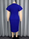 Plus Size Blue V-Neck Chic Dress Flounce Rhinestone Slit Elegant Fashion Midi Dress