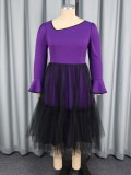 Plus Size Women's Purple Bell Sleeve Mesh Patchwork Elegant Long Dress