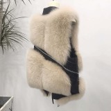 Autumn Winter Fox Fur Vest Turndown Collar Zipper Short Patchwork Faux Fur Fashion Sleeveless Coat