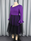 Plus Size Women's Purple Bell Sleeve Mesh Patchwork Elegant Long Dress