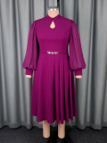 Plus Size Women's Elegant Purple Mid-Length Dress High Neck Cut-Out Design Chiffon Lantern Sleeve Rhinestone Belt Evening Gown