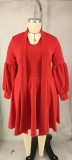Plus Size Women's tied Neck Puff Long Sleeve A-line Dress
