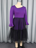 Plus Size Women's Purple Bell Sleeve Mesh Patchwork Elegant Long Dress