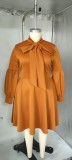 Plus Size Women's tied Neck Puff Long Sleeve A-line Dress