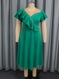 Plus Size Women's Flounce Short Sleeve Mesh Patchwork Rhinestone A-Line Elegant Dress