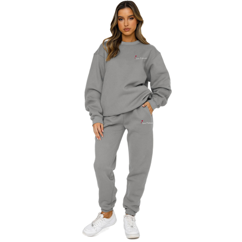 Women Autumn/Winter Printed Round Neck Long-Sleeved Top and Pants Two-Piece Set