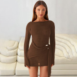 Women Autumn Sexy Solid Backless Long-Sleeved Ribbon Dress