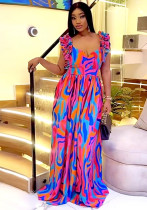 Women elegant ruffled shoulder strap printed dress