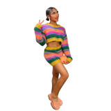 Women casual striped knitting two-piece top and skirt