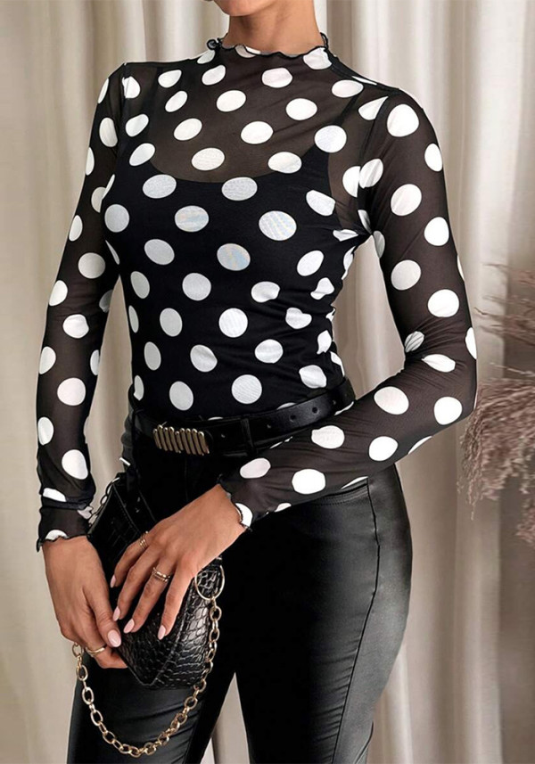 Women Autumn Sexy Mesh Polka Dot Cutout See-Through Long-Sleeved Mock Neck T-Shirt