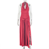 Women solid slit halter neck backless sleeveless pleated bodycon dress