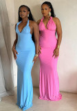 Women pleated solid V-neck backless bodycon dress