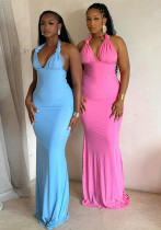 Women pleated solid V-neck backless bodycon dress