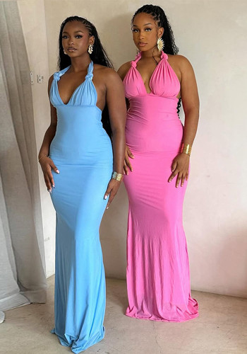Women pleated solid V-neck backless bodycon dress