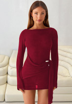 Women Autumn Sexy Solid Backless Long-Sleeved Ribbon Dress Women Autumn Sexy Solid Backless Long-Sleeved Ribbon Dress