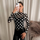 Women Autumn Sexy Mesh Polka Dot Cutout See-Through Long-Sleeved Mock Neck T-Shirt