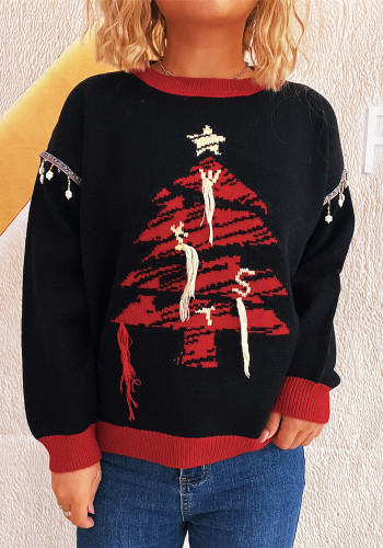 Women Christmas autumn/winter casual knitting round-neck patchwork Christmas tree sweater