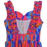 Women elegant ruffled shoulder strap printed dress