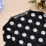 Women Autumn Sexy Mesh Polka Dot Cutout See-Through Long-Sleeved Mock Neck T-Shirt