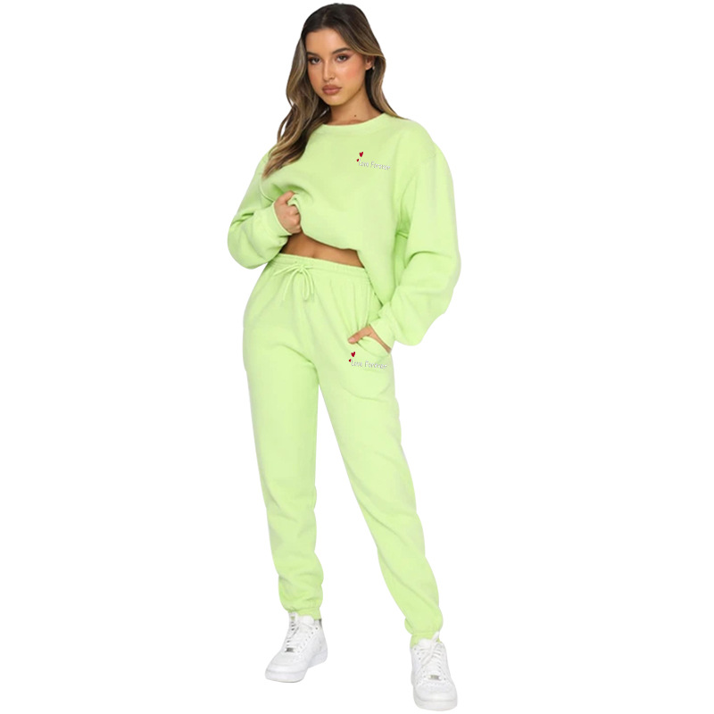 Women Autumn/Winter Printed Round Neck Long-Sleeved Top and Pants Two-Piece Set