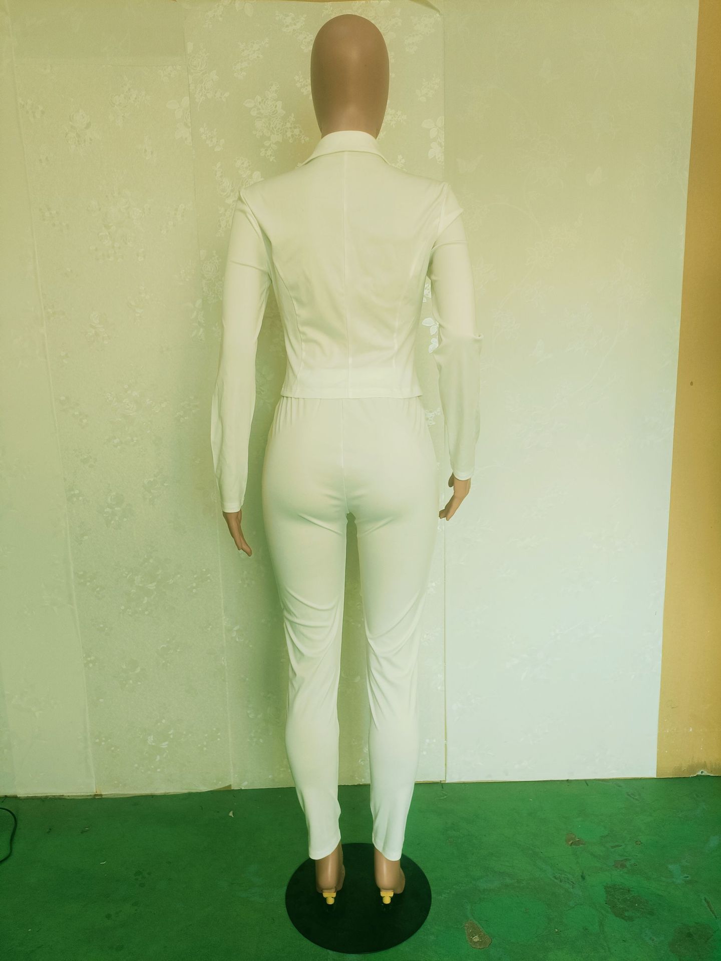 Women Sexy Solid Turndown Collar Top and Pant Two-Piece Set