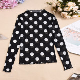 Women Autumn Sexy Mesh Polka Dot Cutout See-Through Long-Sleeved Mock Neck T-Shirt