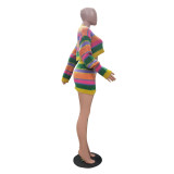 Women casual striped knitting two-piece top and skirt
