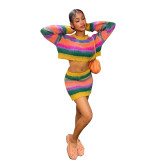Women casual striped knitting two-piece top and skirt