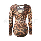 Women Mesh Long-Sleeved Leopard Print One-Piece Swimsuit and Pants Two-Piece Set
