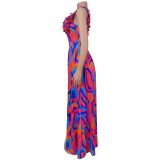 Women elegant ruffled shoulder strap printed dress