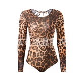 Women Mesh Long-Sleeved Leopard Print One-Piece Swimsuit and Pants Two-Piece Set