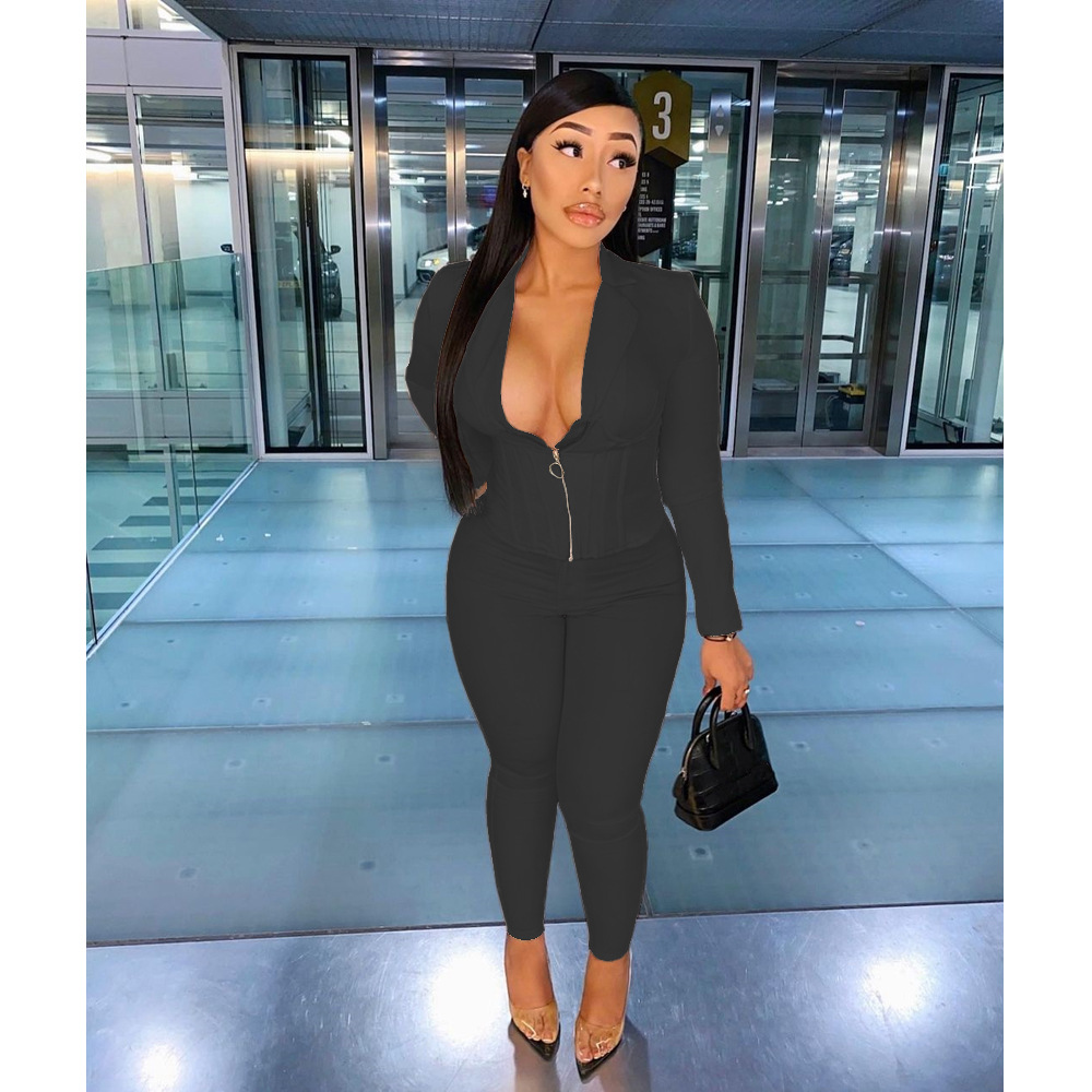 Women Sexy Solid Turndown Collar Top and Pant Two-Piece Set