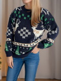 Women Fall/Winter Christmas Deer Knitting Round Neck Casual Jacquard Sweater