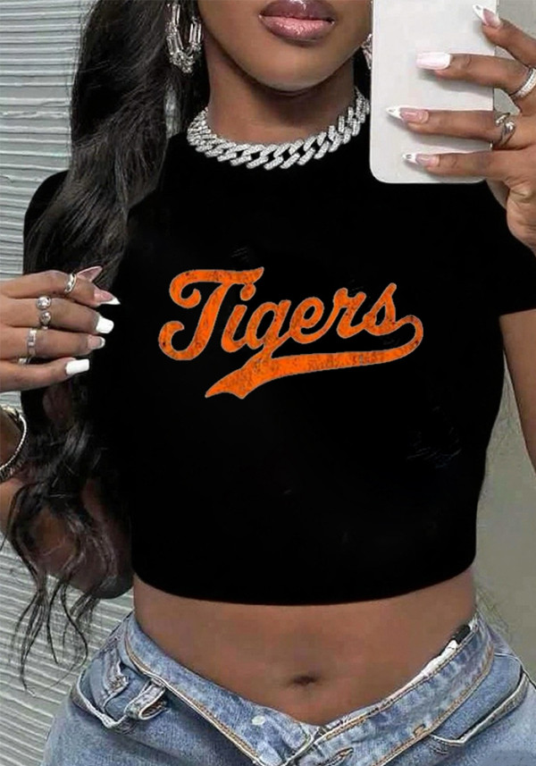 Women summer American orange letter print sexy short-sleeved cropped T-shirt